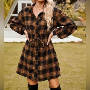 Blooming Jelly Flannel Plaid Button-Up Babydoll Dress with Tie Waist